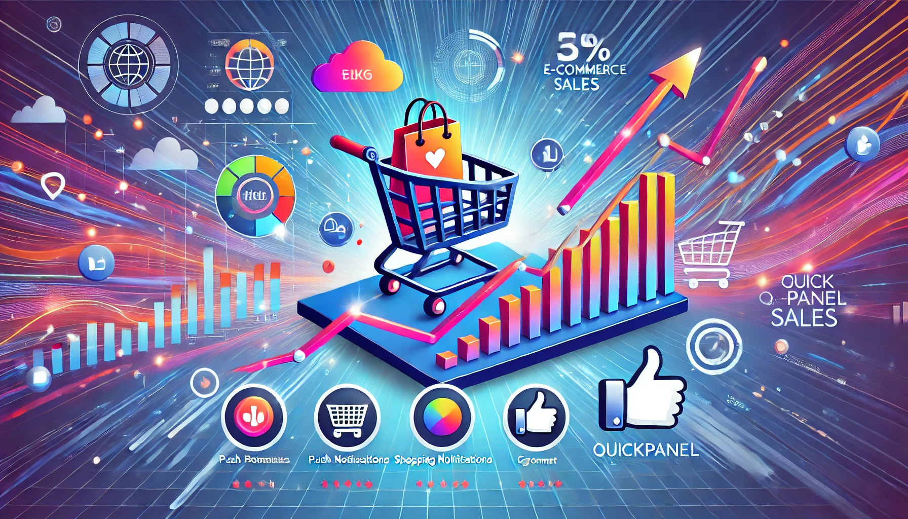 A vibrant image showcasing an e-commerce dashboard with push notifications, shopping cart icons, and growth charts, highlighting increased sales and customer engagement.