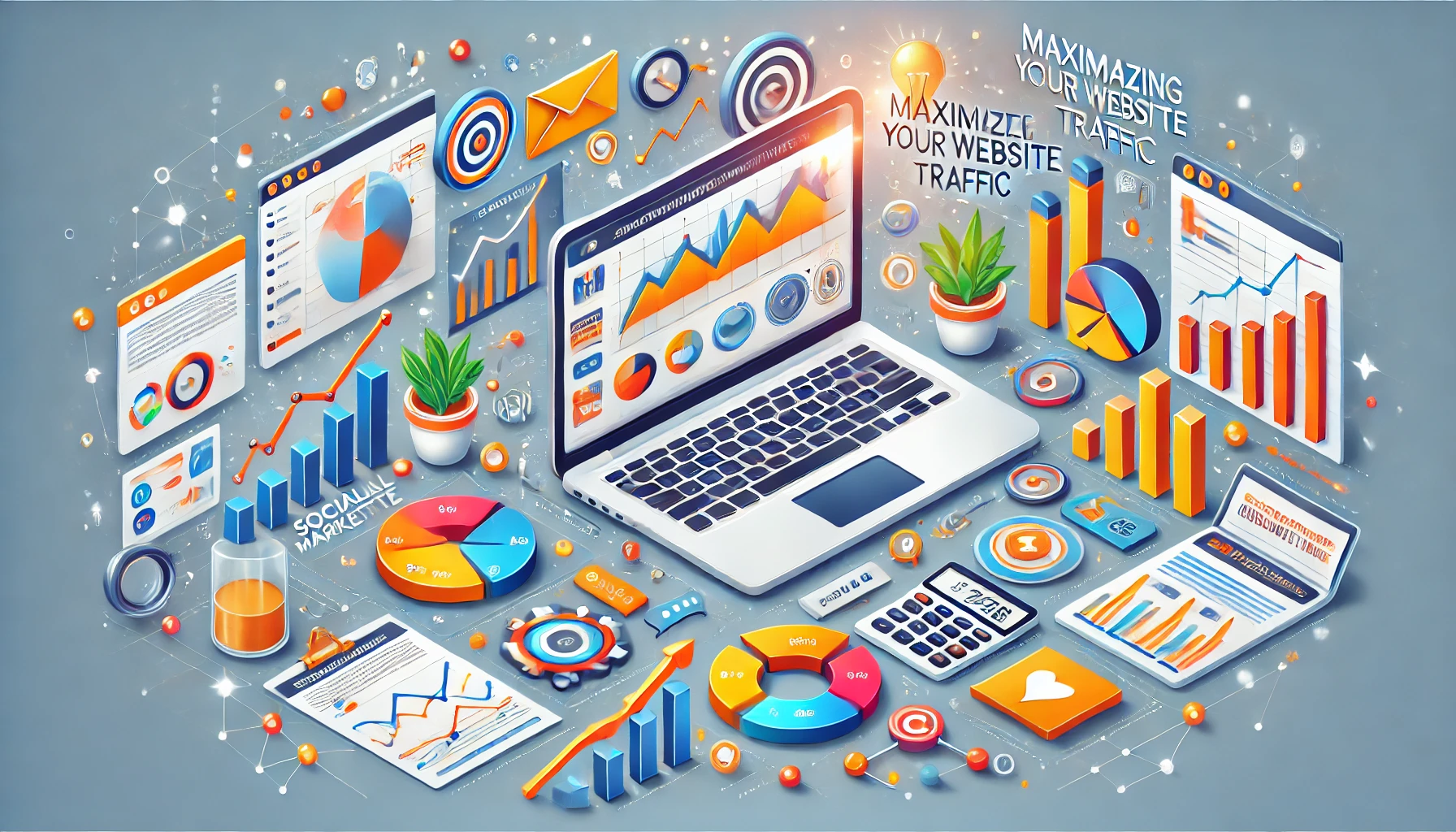 This vibrant image highlights digital marketing concepts for maximizing website traffic, featuring an analytics dashboard, social media icons, and content creation tools.