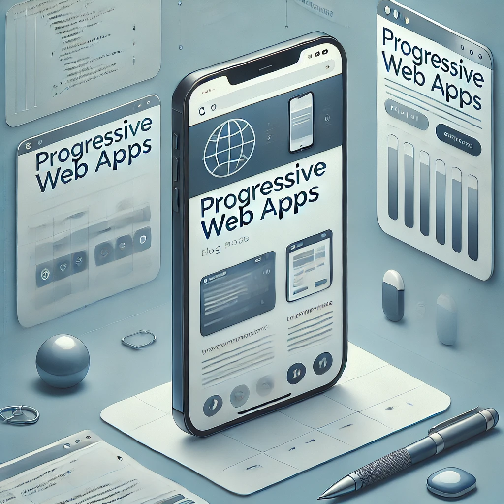 The featured image for your blog post showcases a modern design focused on Progressive Web Apps (PWAs). It depicts a smartphone with a website displayed on its screen, symbolizing the transition from a traditional website to an app-like experience.