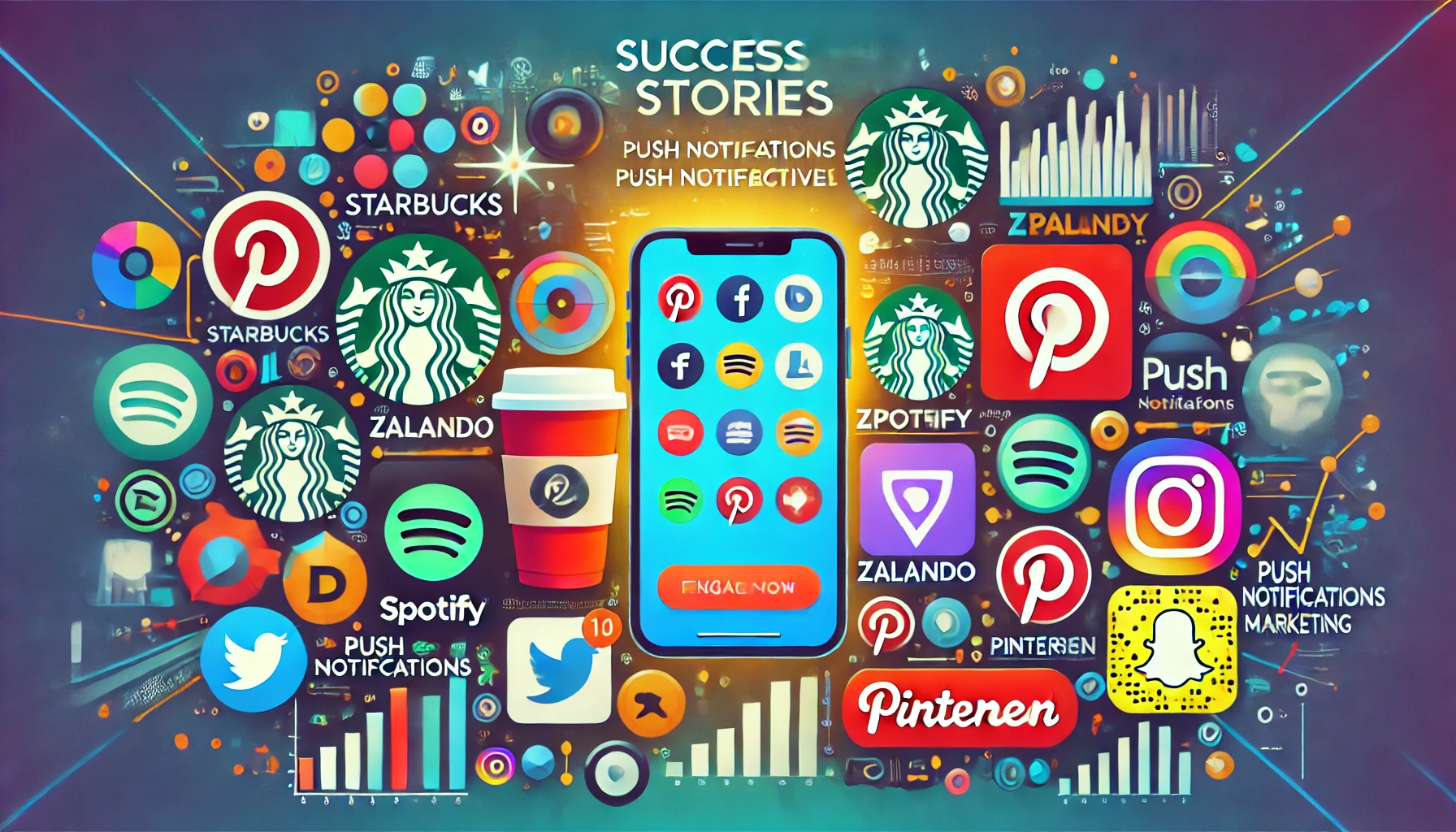 This vibrant image illustrates push notifications in digital marketing, featuring brands like Starbucks, Spotify, Zalando, Duolingo, and Pinterest, along with smartphones displaying notifications and engagement metrics.