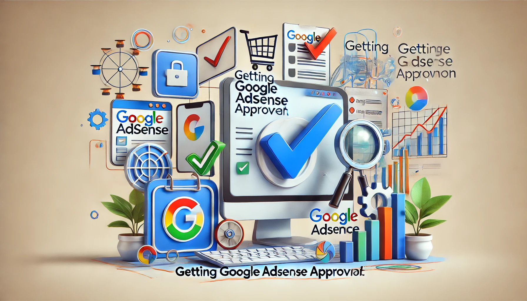 The image features a laptop screen showing a website with Google ads and notifications on the side, highlighting user engagement for Google AdSense approval.