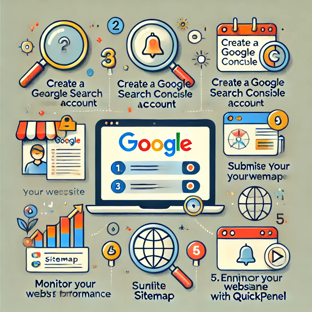 Enhance your website's visibility in Google Search with this infographic. Follow the steps to create a Google Search Console account, verify your site, submit a sitemap, monitor performance, and boost engagement using QuickPanel.